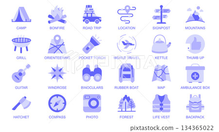 Camping web icons set in duotone flat design. Pack pictograms with camp, bonfire, road, trip, location, signpost, mountains, grill, orienteering, travel, kettle, compass, other. Vector illustration. 134365022