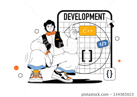 Development outline web modern concept in flat line design. Man creating application ui layout, working with code and testing product. Vector illustration for social media banner, marketing material. Development outline web modern concept in flat line design. Man creating application ui layout, working with code and testing product. Vector illustration for social media banner, marketing material. 134365023