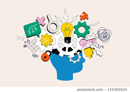 Brainstorming concept in flat neo brutalism design for web. Ideas generation, imagination and innovation finding, creativity process. Vector illustration for social media banner, marketing material. 134365024