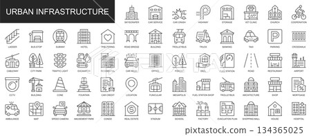 Urban infrastructure web icons set in thin line design. Pack of skyscraper, car service, highway, clinic, ladder, hotel, subway, shelter, park, other outline stroke pictograms. Vector illustration. Urban infrastructure web icons set in thin line design. Pack of skyscraper, car service, highway, clinic, ladder, hotel, subway, shelter, park, other outline stroke pictograms. Vector illustration. 134365025
