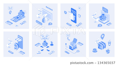 Food delivery 3d isometric concept set with isometric icons design for web. Collection of online pizza restaurant ordering, grocery bags transportation, fast courier shipping. Vector illustration Food delivery 3d isometric concept set with isometric icons design for web. Collection of online pizza restaurant ordering, grocery bags transportation, fast courier shipping. Vector illustration 134365037