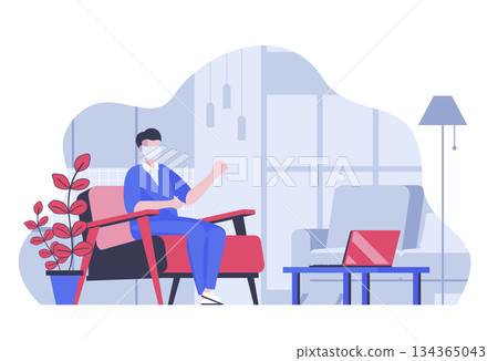 Stay at home concept with cartoon people in flat design for web. Man in mask sitting at room while coronavirus epidemic quarantine. Vector illustration for social media banner, marketing material. 134365043