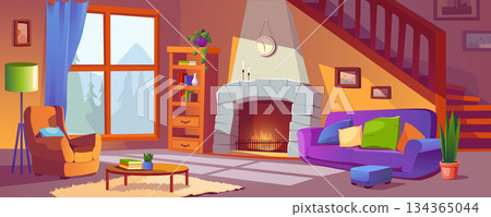 Living room with fireplace background banner in cartoon design. Classic home interior with sofa and armchair, warm fire, bookcase, wooden ladder and window, houseplants. Vector cartoon illustration 134365044