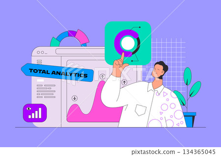 Data analysis concept in modern flat design for web. Man analyzing graphs, making marketing research, working with database and charts. Vector illustration for social media banner, marketing material. 134365045