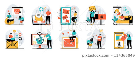 Email service web concept with people scenes mega set in flat design. Bundle of character situations with online correspondence app, chatting and sending messages, subscription. Vector illustrations. Email service web concept with people scenes mega set in flat design. Bundle of character situations with online correspondence app, chatting and sending messages, subscription. Vector illustrations. 134365049