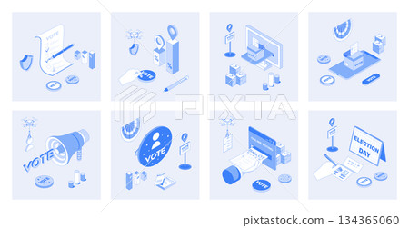 Election and voting 3d isometric concept set with isometric icons design for web. Collection of choice vote forms, boxes and online system, democratic choice, political ratings. Vector illustration 134365060