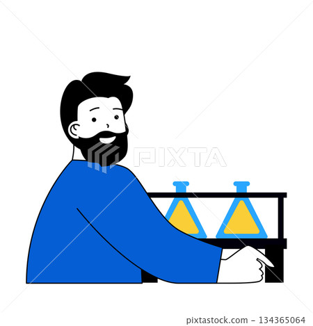 Science laboratory concept with cartoon people in flat design for web. Scientist making medical tests and analysis in flasks at lab. Vector illustration for social media banner, marketing material. 134365064