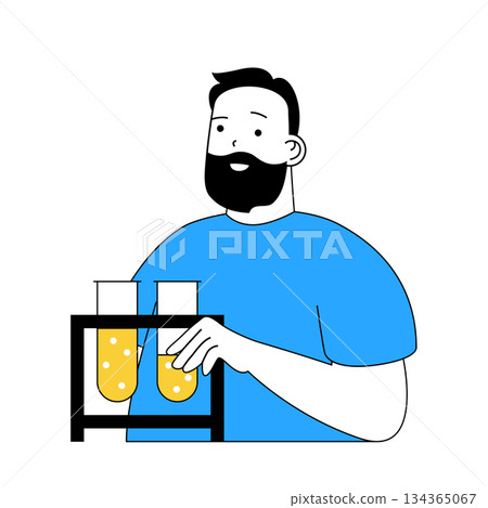 Science laboratory concept with cartoon people in flat design for web. Scientist making medical research of liquid in tube flasks. Vector illustration for social media banner, marketing material. 134365067