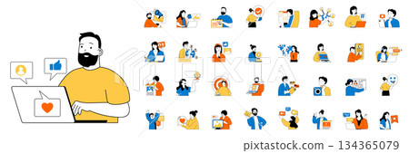 Social network concept with character situations mega set in flat web design. Bundle of scenes people chatting online, sending links, likes content, sharing information in app. Vector illustrations. 134365079