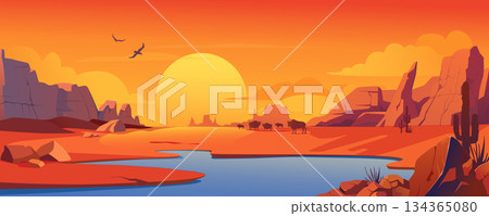 Sunset in desert background banner in cartoon design. Dry sand space with with mountains and lake view in drought valley, bull silhouettes, wildlife cactus, flying birds. Vector cartoon illustration 134365080