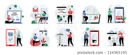 Electronic receipt web concept with people scenes mega set in flat design. Bundle of character situations with paying online check, client gets invoice, making bank transactions. Vector illustrations. Electronic receipt web concept with people scenes mega set in flat design. Bundle of character situations with paying online check, client gets invoice, making bank transactions. Vector illustrations. 134365195