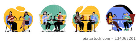 Podcast concept with people scenes set in flat web design. Bundle of character situations with men and women speaking in microphones, making live streaming or recording audio. Vector illustrations. 134365201