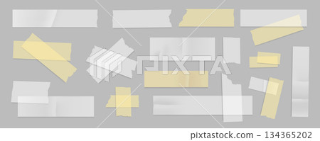 Sticky paper stripes mega set in flat graphic design. Collection elements of different transparent adhesive tapes with torn edges, white and yellow ripped fix scotch templates. Vector illustration. 134365202