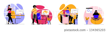 SaaS concept with people scenes set in flat web design. Bundle of character situations with clients using software, cloud storage and processing with subscriptions service. Vector illustrations. 134365203