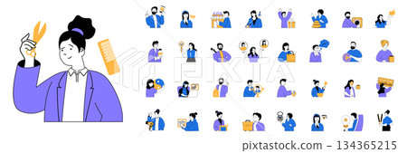 Beauty salon concept with character situations mega set in flat web design. Bundle of scenes people using hairdresser service and barber hair treatment, get manicure and makeup. Vector illustrations. Beauty salon concept with character situations mega set in flat web design. Bundle of scenes people using hairdresser service and barber hair treatment, get manicure and makeup. Vector illustrations. 134365215