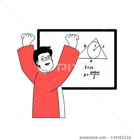School learning concept with cartoon people in flat design for web. Student solving geometric problems at chalkboard in classroom. Vector illustration for social media banner, marketing material. School learning concept with cartoon people in flat design for web. Student solving geometric problems at chalkboard in classroom. Vector illustration for social media banner, marketing material. 134365216