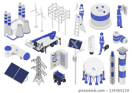 Electrical equipment isometric elements constructor mega set. Creator kit with flat graphic electricians, factory, solar panels, power lines, wind turbines. Vector illustration in 3d isometry design Electrical equipment isometric elements constructor mega set. Creator kit with flat graphic electricians, factory, solar panels, power lines, wind turbines. Vector illustration in 3d isometry design 134365219