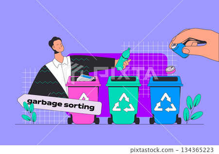 Waste management concept in modern flat design for web. Man collecting and sorting garbage in different trash bin for recycling plant. Vector illustration for social media banner, marketing material. Waste management concept in modern flat design for web. Man collecting and sorting garbage in different trash bin for recycling plant. Vector illustration for social media banner, marketing material. 134365223