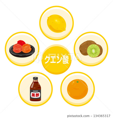 一組日本風味的富含檸檬酸的食物插圖 134365317