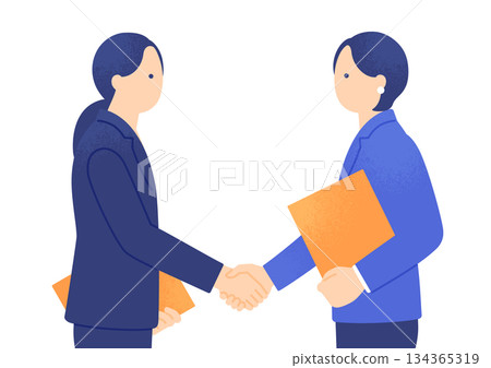 兩位互相信任的領導者握手的場景。女性商務人士與協議的插圖。 兩位互相信任的領導者握手的場景。女性商務人士與協議的插圖。 134365319