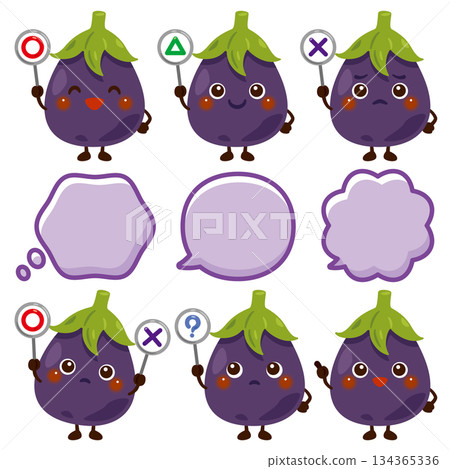 Eggplant character holding a circle, circle, triangle, or triangle card Eggplant character holding a circle, circle, triangle, or triangle card 134365336