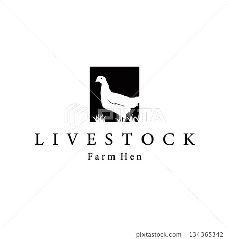 Chicken logo design for chicken farm with simple and minimalist black silhouette of livestock farmer, vector illustration template concept and poster 134365342