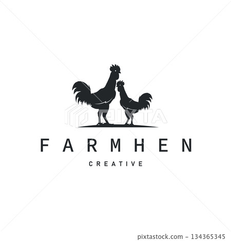 Chicken logo design for chicken farm with simple and minimalist black silhouette of livestock farmer, vector illustration template concept and poster 134365345