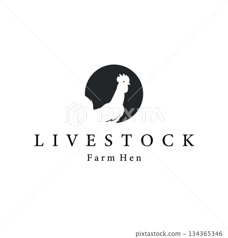 Chicken logo design for chicken farm with simple and minimalist black silhouette of livestock farmer, vector illustration template concept and poster 134365346
