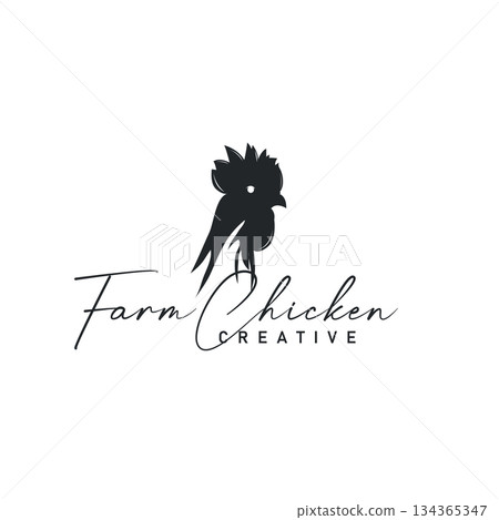 Chicken logo design for chicken farm with simple and minimalist black silhouette of livestock farmer, vector illustration template concept and poster 134365347