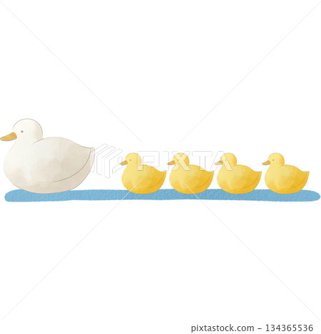 一幅柔和的水彩風格插畫，描繪了一隻母鴨和小鴨並肩游泳的場景。 134365536