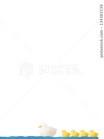 A gentle illustration of a mother and baby duck swimming side by side in a watercolor style 134365539