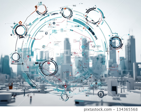 圓形數位介面可視化城市（未來科技背景） 134365568