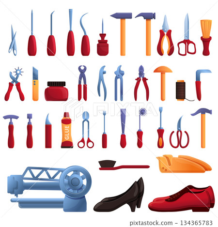 Shoe repair icons set, cartoon style Shoe repair icons set, cartoon style 134365783