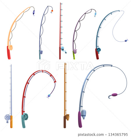 Fishing rod icons set, cartoon style Fishing rod icons set, cartoon style 134365795