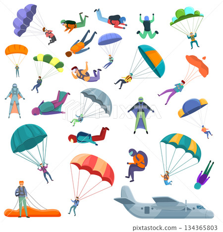 Parachuting icons set, cartoon style 134365803