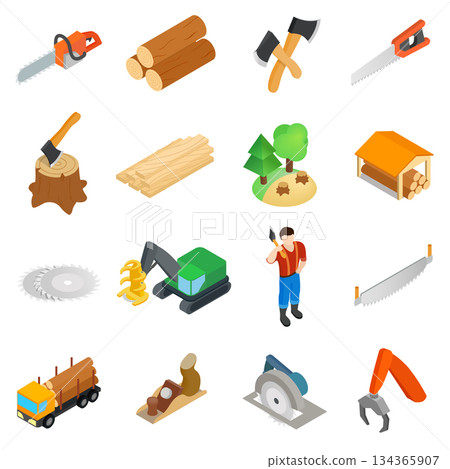 Lumberjack icons set, isometric 3d style 134365907