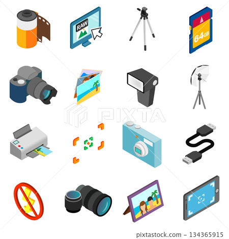 Photography icons set, isometric 3d style Photography icons set, isometric 3d style 134365915