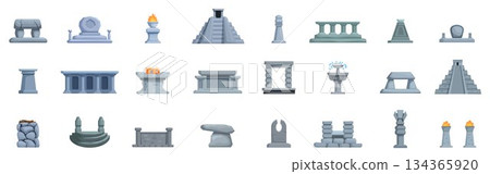 Stone altar icon set. Exploring ancient ruins, a collection of mayan and aztec inspired architectural elements 134365920
