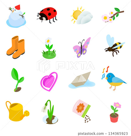 Spring elemets icons set, isometric 3d style Spring elemets icons set, isometric 3d style 134365923