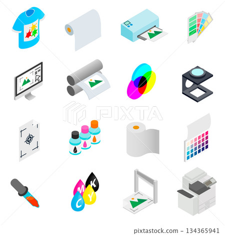 Printing icons set, isometric 3d style Printing icons set, isometric 3d style 134365941