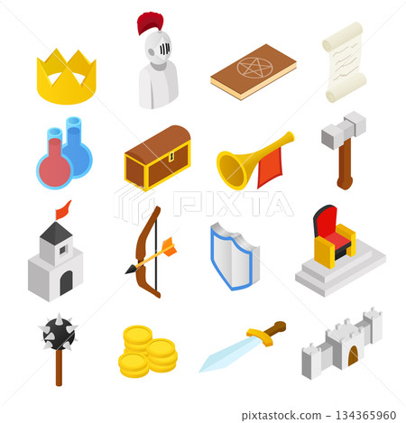 Medieval isometric 3d icons set 134365960