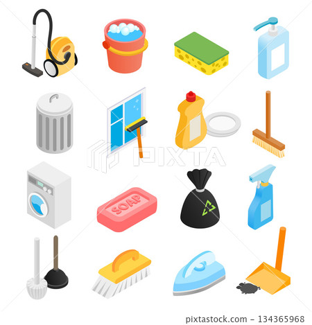 Cleaning isometric 3d icons Cleaning isometric 3d icons 134365968