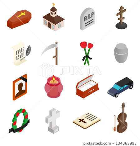 Funeral and burial isometric 3d icons 134365985