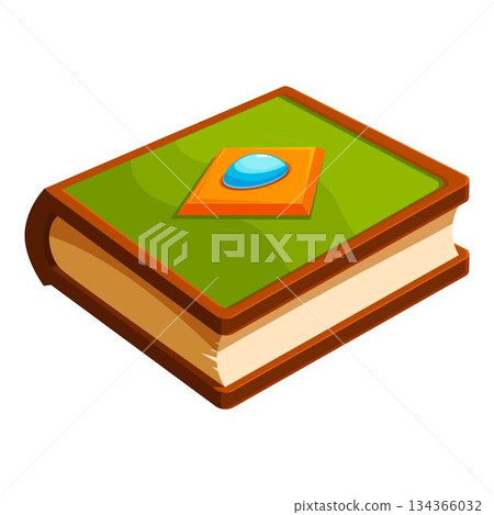 Green magic book with blue gem is lying closed 134366032