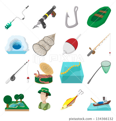 Fishing cartoon icons set Fishing cartoon icons set 134366132