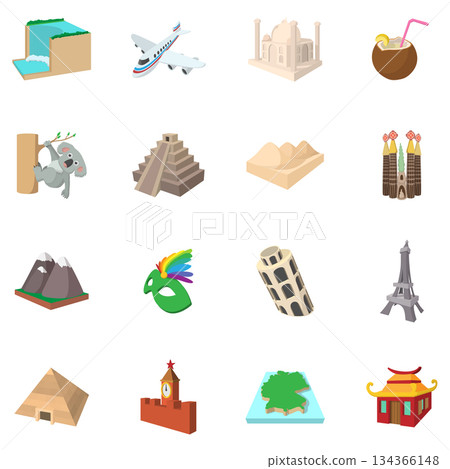 Tourism icon set, cartoon style 134366148