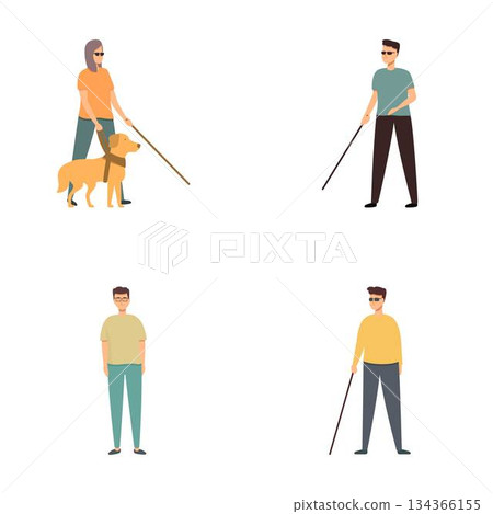 Set of blind person icons with guide dog and cane 134366155