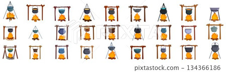 Pot campfire icons set. Large set of boiling pots hanging over campfire cooking food 134366186