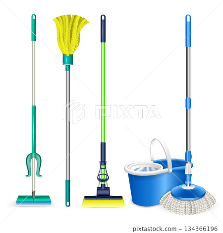 Mop icons set, realistic style Mop icons set, realistic style 134366196