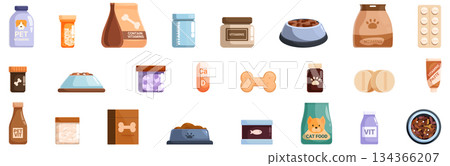 Vitamins pets icons set vector. A collection of pet supplies including dog food, medicine, and toys 134366207